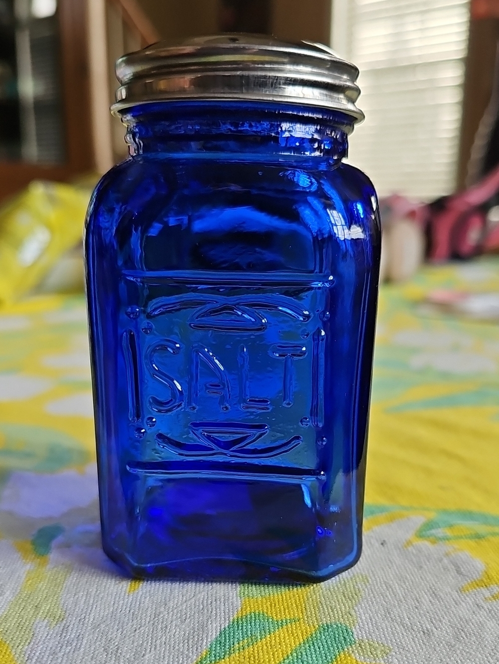 Vintage Cobalt Blue Glass Salt Shaker with Metal Lid